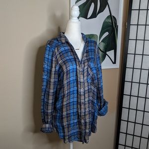 Free People Joplin Plaid Blue Button Up Shirt